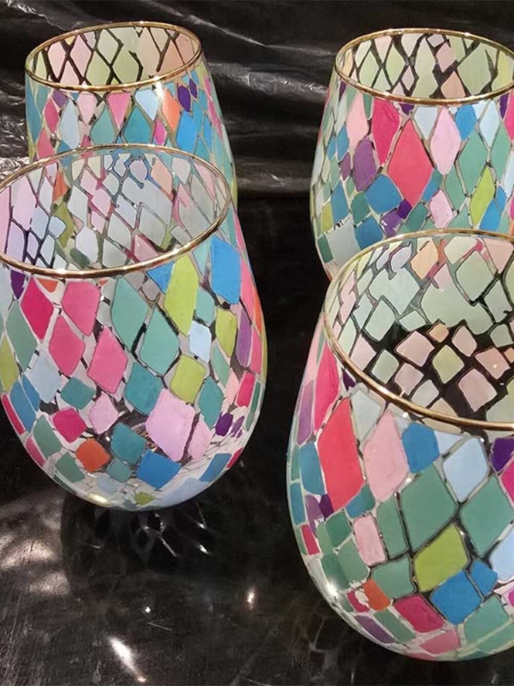 Tumblers 16-ounce Set of 4 Santorni Stemless Wine Mary Square Pink Teal Mosaic